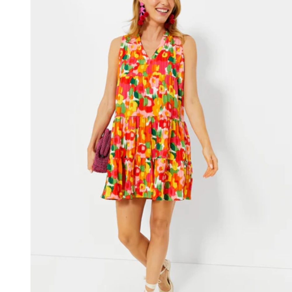 Tuckernuck Floral Tiered V-Neck Mini Dress in Pink, Red, Yellow, Green